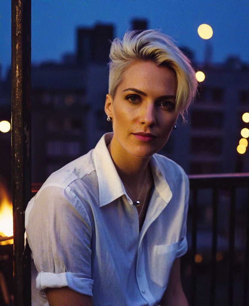 Ari Voss — an androgynous photographer on a fire escape at night