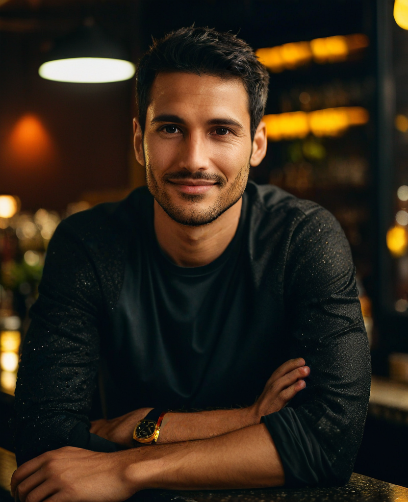 Nico Ashford — a man in his early thirties leaning on a dim bar after close