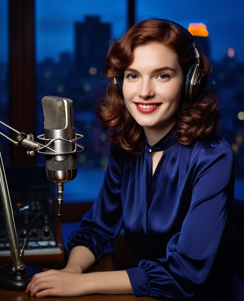 Vesper Lane — a woman at an overnight radio desk in violet studio light